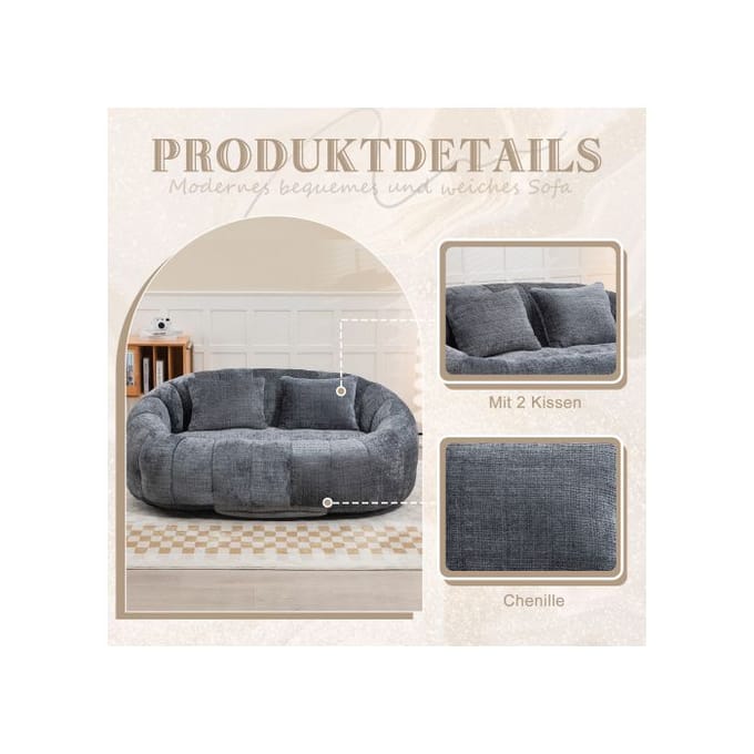 Bank poef - MUVOE - Tweepersoons fauteuil - Grijs chenille - 2 zitplaatsen - Vulschuim grijs