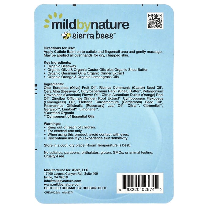 Mild By Nature, Sierra Bees™, Baume Soin Cuticules, Géranium, Orange & Citronnelle, 0,6 oz (17 grammes) brown