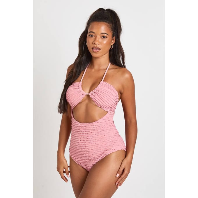 boohoo Dames Gestructureerd Badpak Met Halternek En Cut-out | Pink | Maat: 6