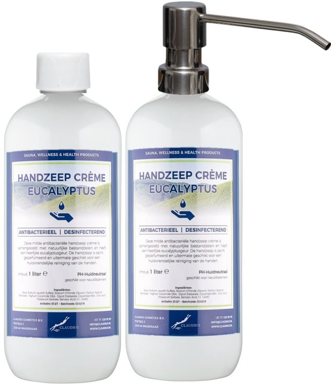 Handzeep Crème Eucalyptus 1 liter - set van 2 stuks - met gratis RVS zilverkleurige pomp