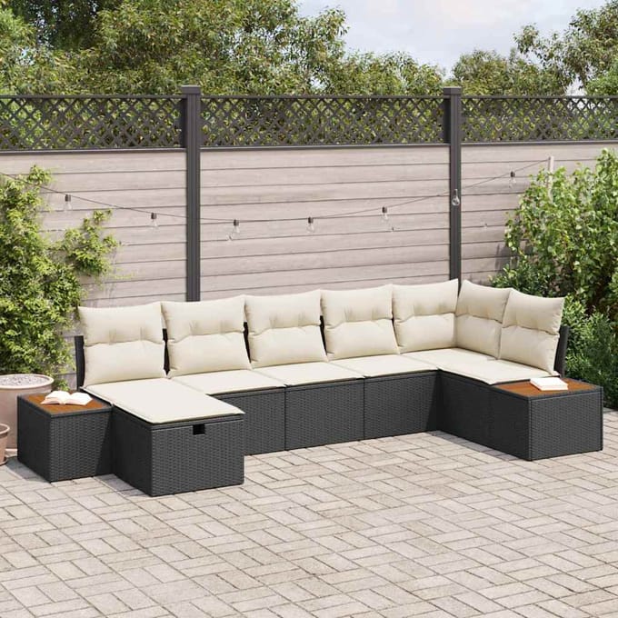 vidaXL - Tuinbank - Set - met - kussen - 7 - pcs - Zwart - Poly - rattan