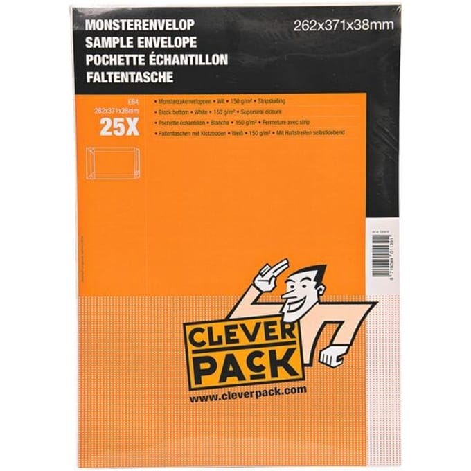 Cleverpack monsterenveloppen, ft 262 x 371 x 38 mm, met stripsluiting, wit, pak van 25 stuks