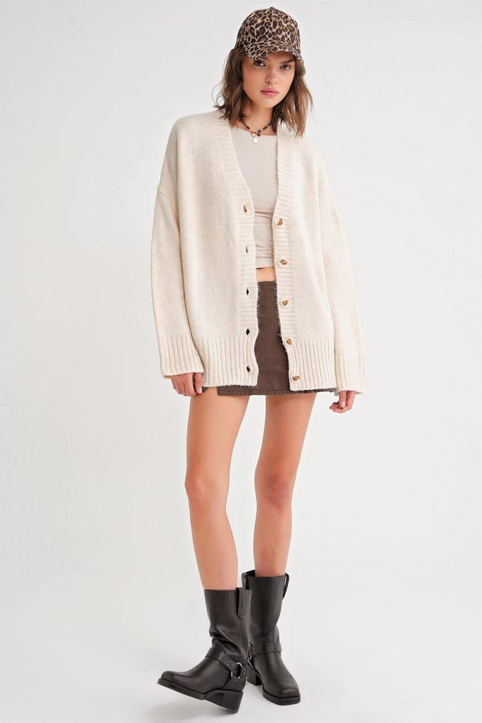 Geknoopte V-hals Geribbelde Brei Cardigan