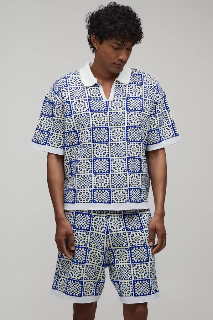 Oversized Boxy Gehaakte Vierkanten Gebreide Polo En Short Set | Yellow | Size Medium