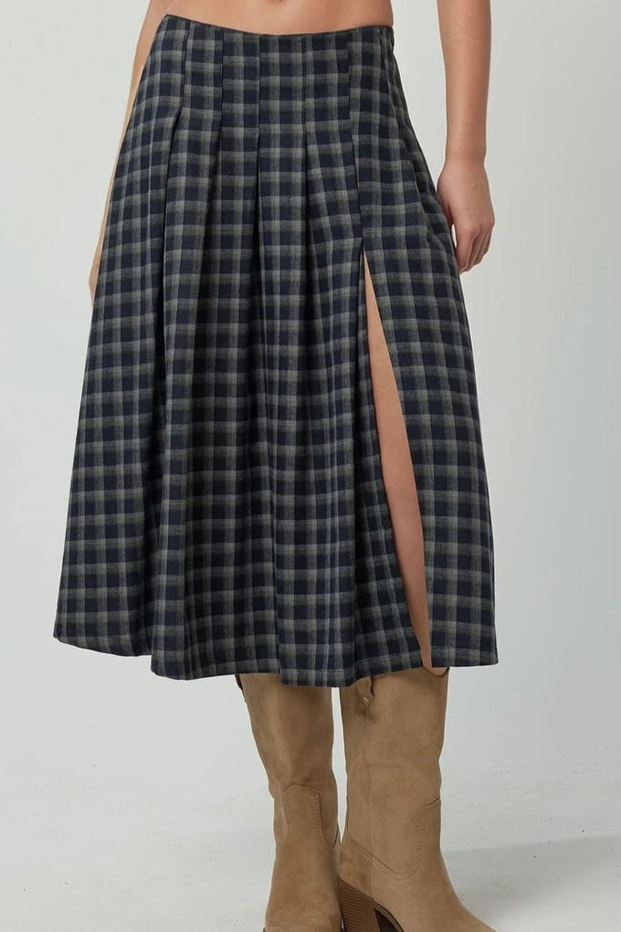 Hoge Taille Midi Rok met Slits in Ruitpatroon