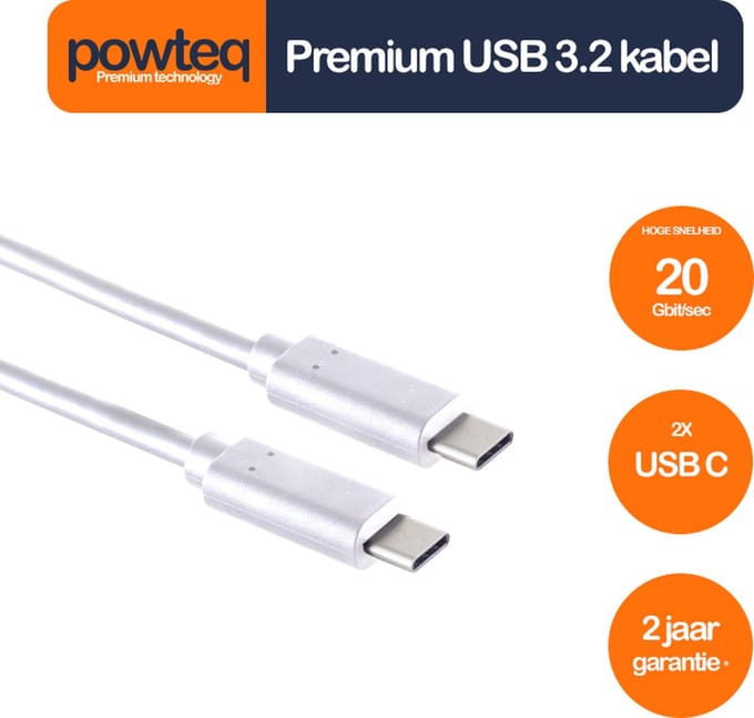 Powteq - 1 meter premium USB 3.2 kabel - Wit - USB C kabel