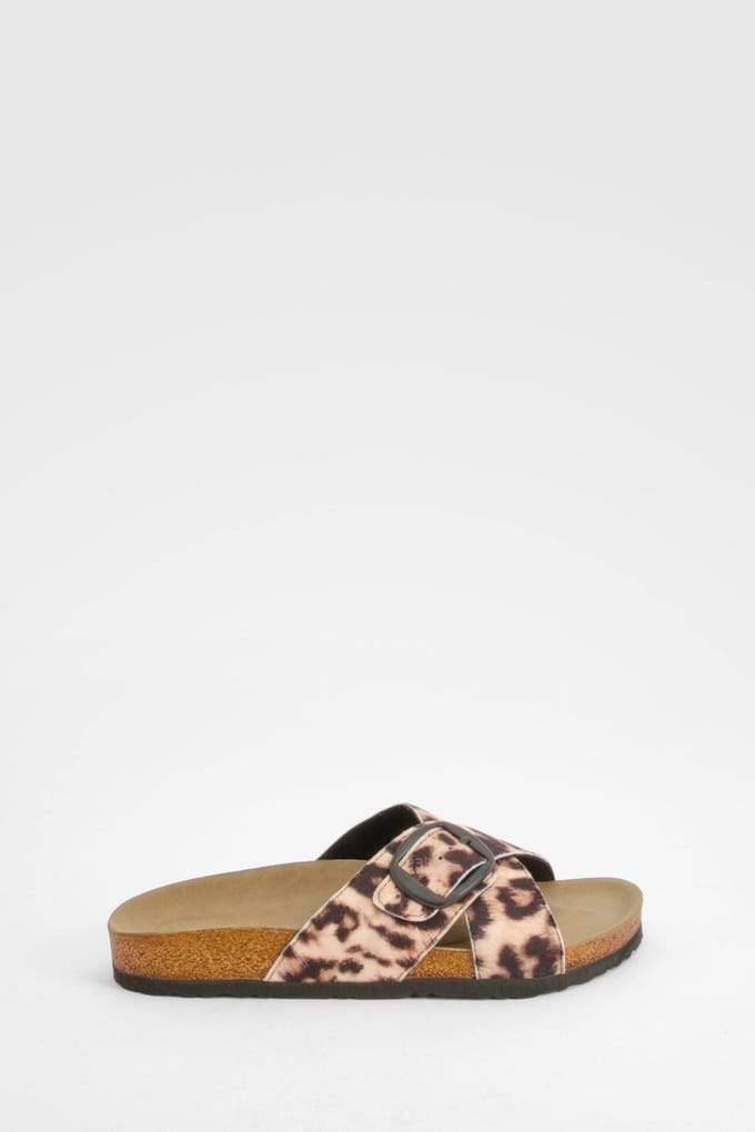 boohoo Dames Wide Fit Single Strap Footbed Sliders | Luipaardprint | Maat: 36