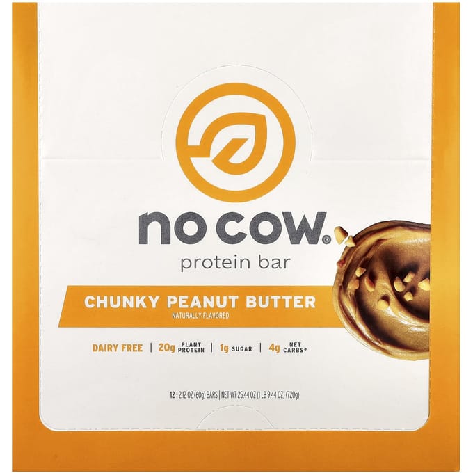 No Cow, Proteinereep, Chunky Pindakaas, 12 Repen, 60g (2,12 oz) Elk