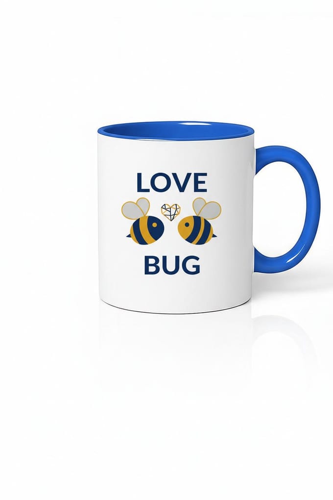 Mok Love Bug met Bijen en Liefdeshart - Blauw Wit Keramiek Romantisch Cadeau