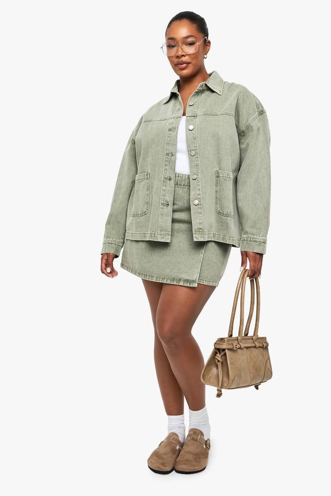 boohoo Dames Plus Khaki Gewassen Denimrok | Kaki | Maat: 52