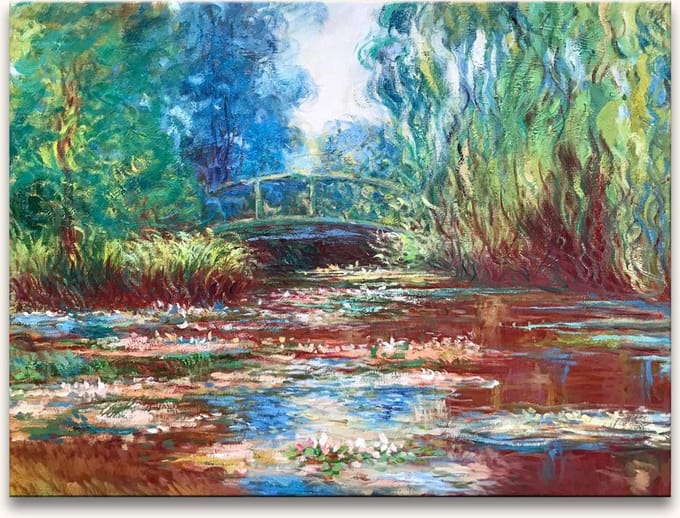 Handgeschilderd schilderij Olieverf op Canvas - Claude Monet 'Lotusbloemen bij Brug'