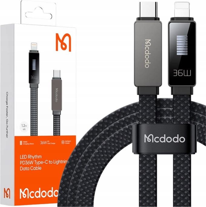 Data- en Oplaadkabel USB-C - Lightning McDodo CA-4960 Rythm Display, 36W, 1.2m, Zwart