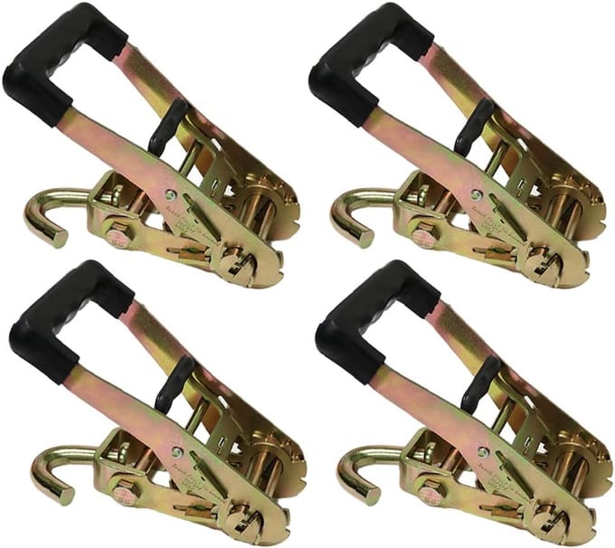 4 Pack Heavy Duty Rubber Handvat Ratchet Gesp met Swivel J Haak - Dubbele Locking, 3 kg Slepen, Cargo Control Tie Down