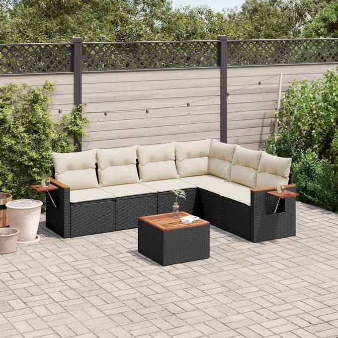 vidaXL - 7-delige - Loungeset - met - kussens - poly - rattan - zwart