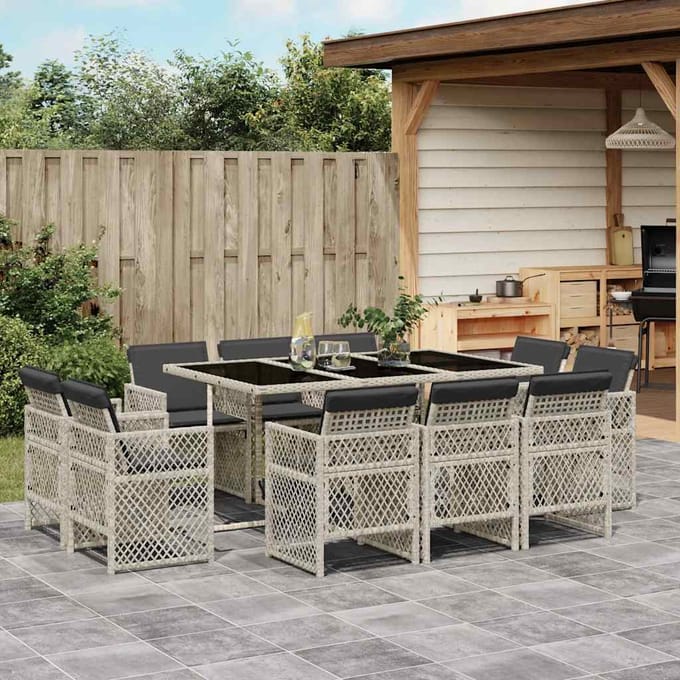 vidaXL - 11-delige - Tuinset - met - kussens - poly - rattan - lichtgrijs