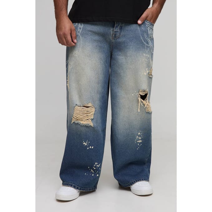 Plus Ketting Bedrukt Gescheurde Baggy Fit Jeans | Vintage Blue | Size 44