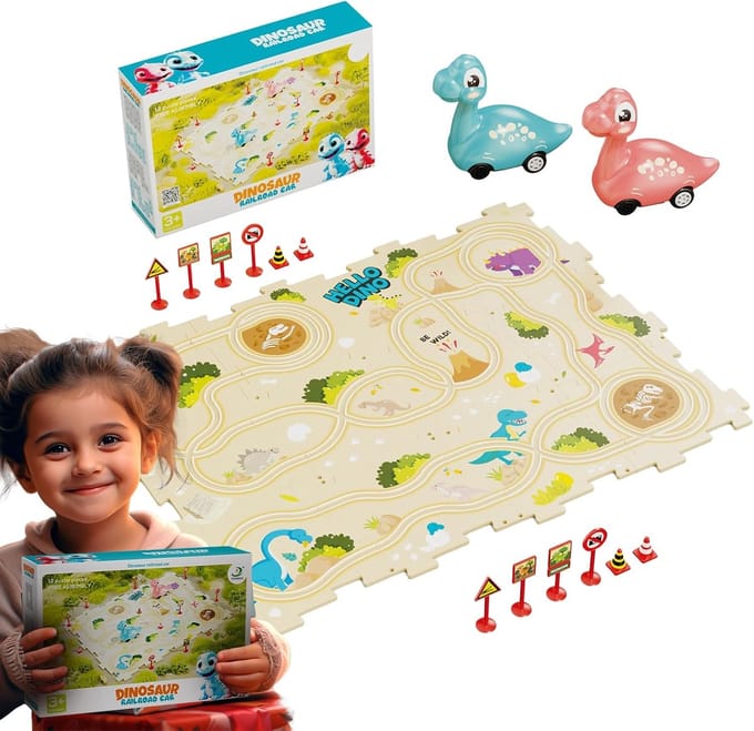 Puzzelbaan Auto Speelset - Dinosaurus Racebaan - Creatief Spelen - Zelf Ontwerpen - 28 Stuks - Multi