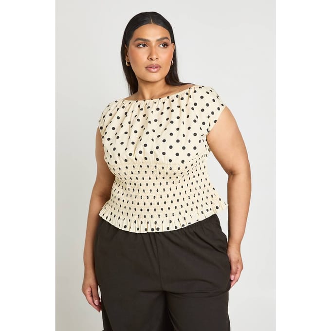 boohoo Dames Plus Polkadot Crêpe Bardot Top | Citroen | Maat: 50