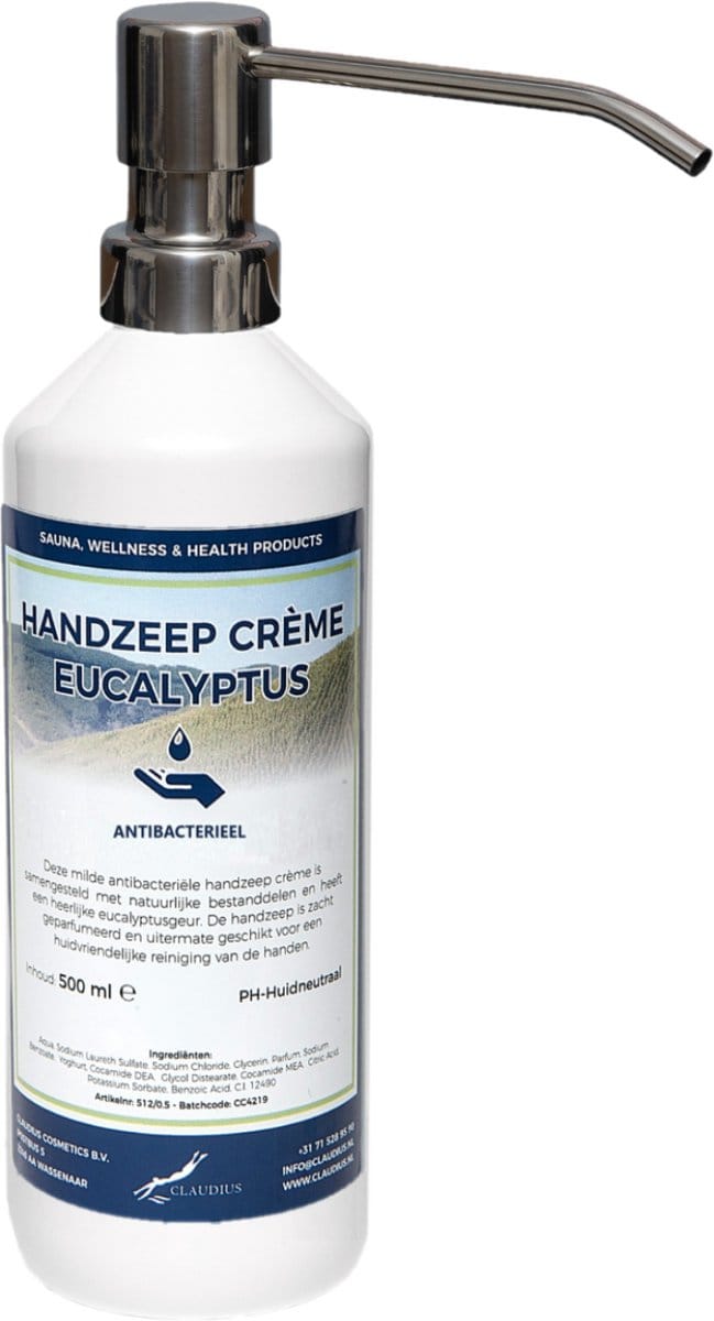 Handzeep Crème Eucalyptus 500 ml - met gratis RVS zilverkleurige pomp