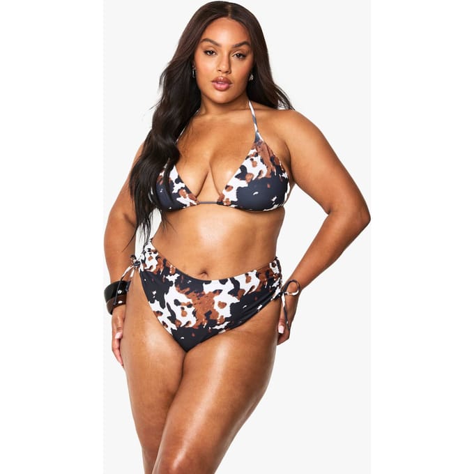 boohoo Dames Plus Koeienprint Driehoek Bikini-onderstuk met hoge taille | Bruin | Maat: 56