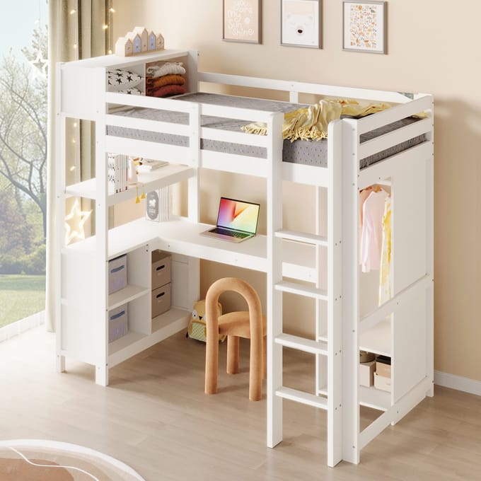 Hoogslaper - 90x200 cm - Met Bureau En Planken En Kledingkast - Metaal - Wit