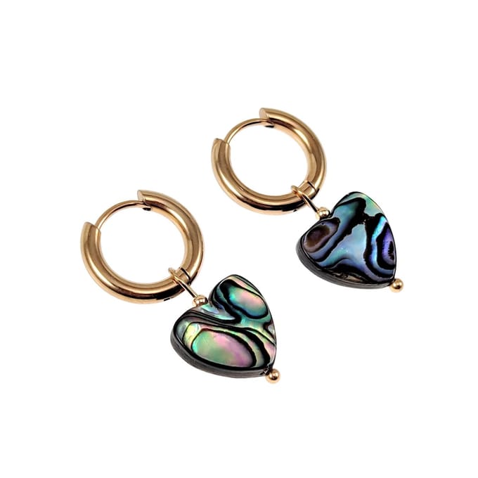 ∅15mm Oorringen Dames - Natuurlijke Multicolor Abalone Schelp - Verguld RVS - Oorbellen met Hart Hanger