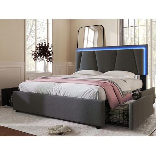 ModernLuxe Gestoffeerd bed 140x200cm in linnen - met 2 lades + LED + lattenbodem - Grijs