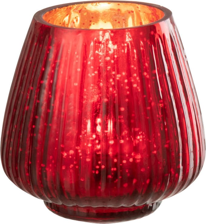 J-Line theelichthouder Geribbeld - glas - rood - 4 stuks