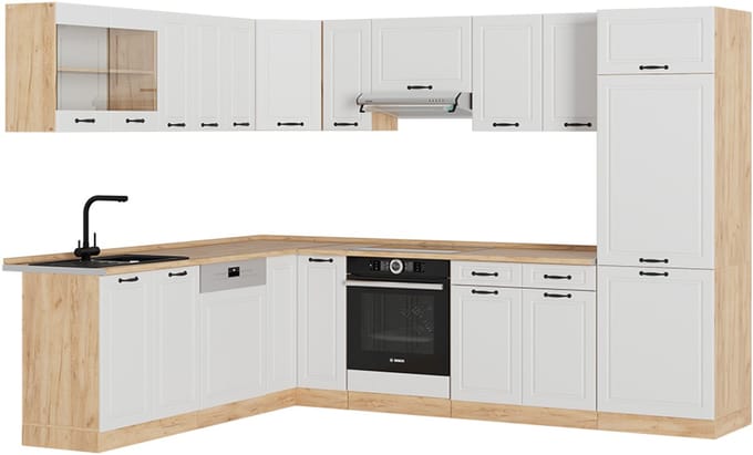 Vicco Hoekkeuken R-Line, Wit Landhuis/Goudkleurig Eiken, 287 x 227 cm, WB Eik