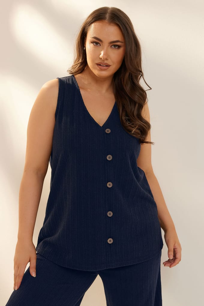 Yours Gilet Met Textuur En Knoopsluiting In Donkerblauw Size 46