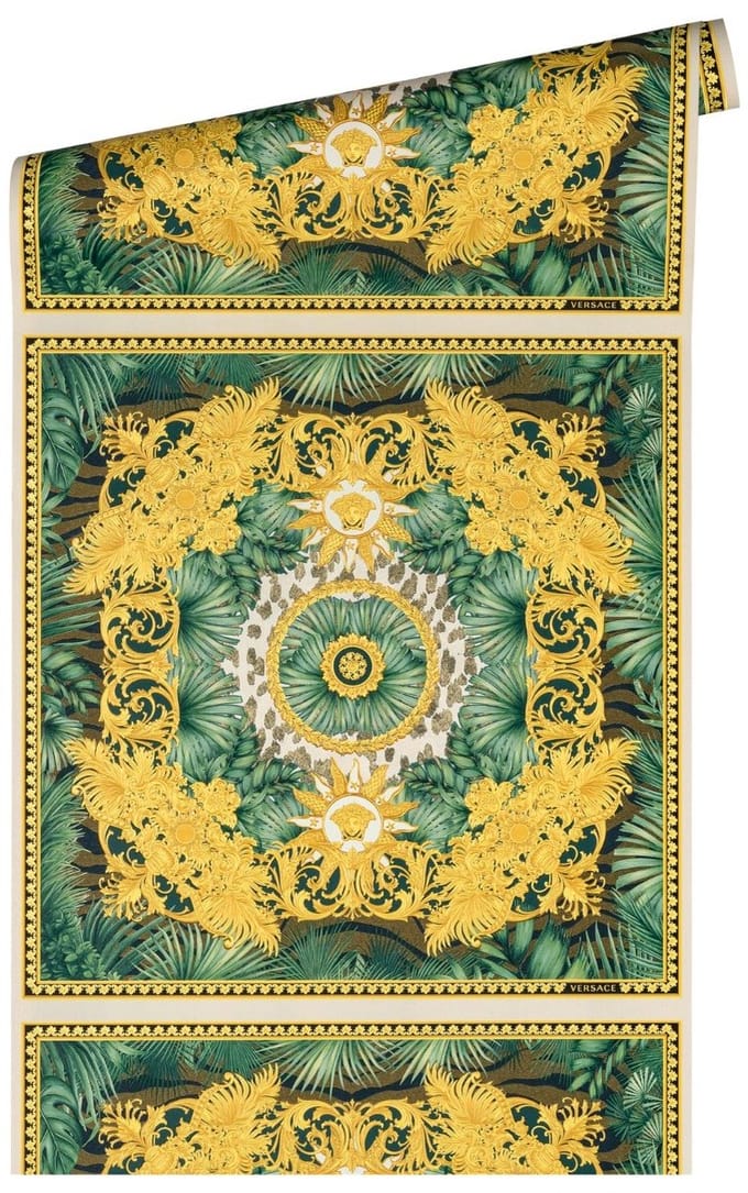 "JUNGLE" SATIJN GLANZEND MEDUSA HOOFD BEHANG | Design - groen goud wit - A.S. Création Versace 5