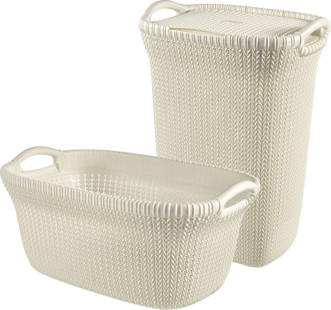 Curver Knit Wasmand met deksel 57L + Wasmand 40L - Gebroken wit