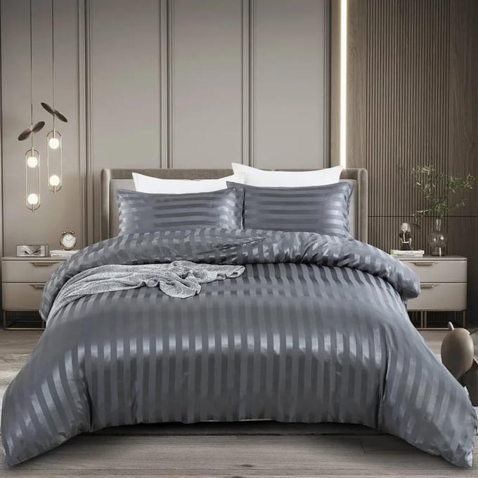 Parure de lit 3 pièces en satin à rayures, luxueuse et soyeuse, avec housse de couette et taies d'oreiller. Double-160x220cm
