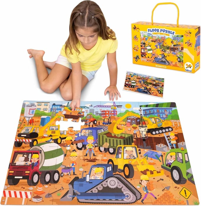 Reuzevloerpuzzel Bouwplaats - 48 Grote Stukken Puzzel voor Kinderen 2-8 Jaar
