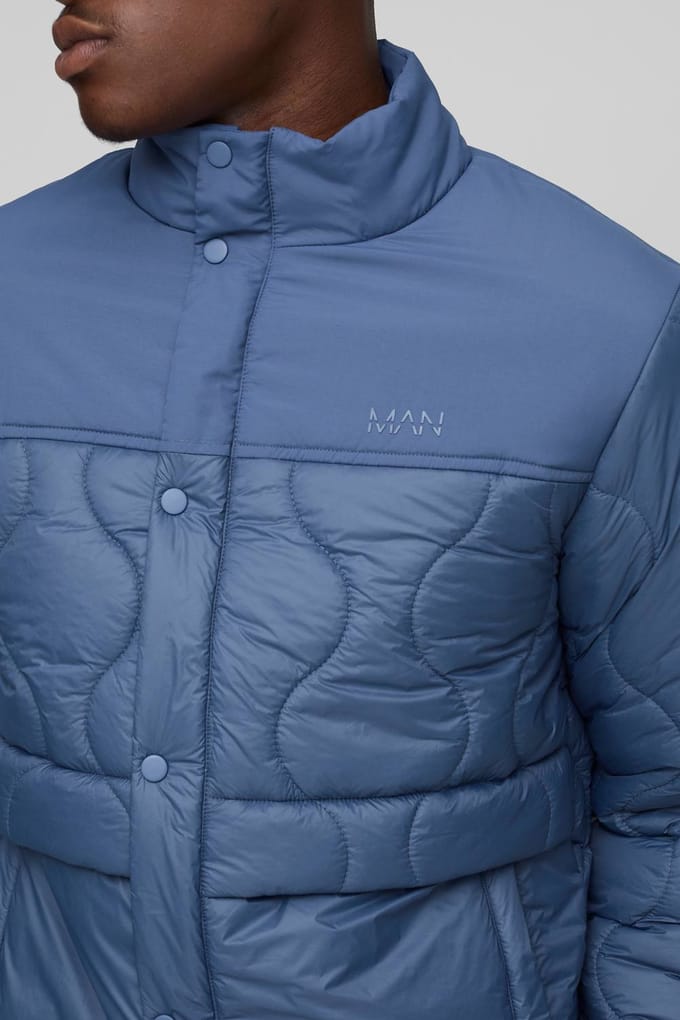 Regular Fit Onion-gequilte Panel Funnel Neck Jacket | Slate Blue | Size Medium