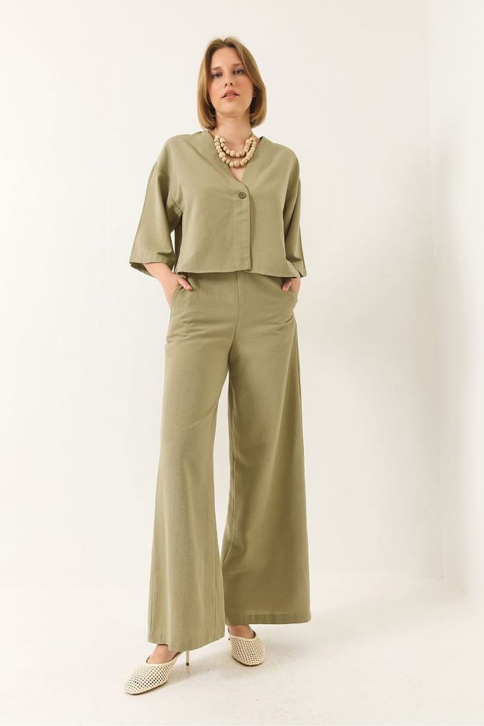 V-hals Tuniek en Wijde Pantalon Twee-Delige Set