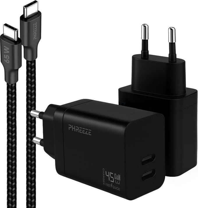 Phreeze usb C adapter 45 W - Usb C naar usb C kabel 1 m - Power Delivery snellader met 2 poorten