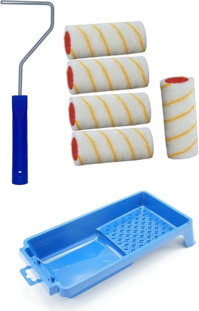 5x verfroller / vachtrollers incl rollerbeugel en verfbakje - 10 cm - rollers voor het schilderen van wanden en plafonds