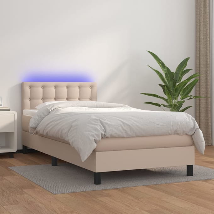 vidaXL - Boxspring - met - matras - en - LED - kunstleer - cappuccinokleur - 100x200cm
