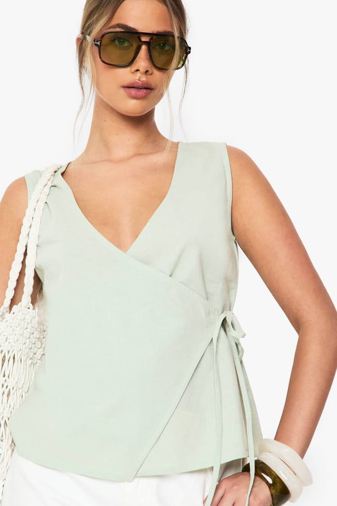 boohoo Dames Linnen Wrap Top Voorkant | Sage | Maat: 10