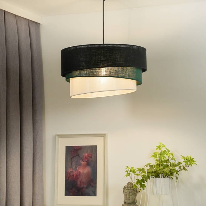 Euluna hanglamp Trio, zwart/groen/wit, textiel, Ø 45 cm