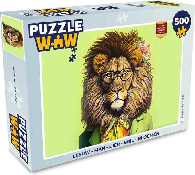 Puzzel Leeuw - Man - Dier - Bril - Bloemen - Legpuzzel - Puzzel 500 stukjes