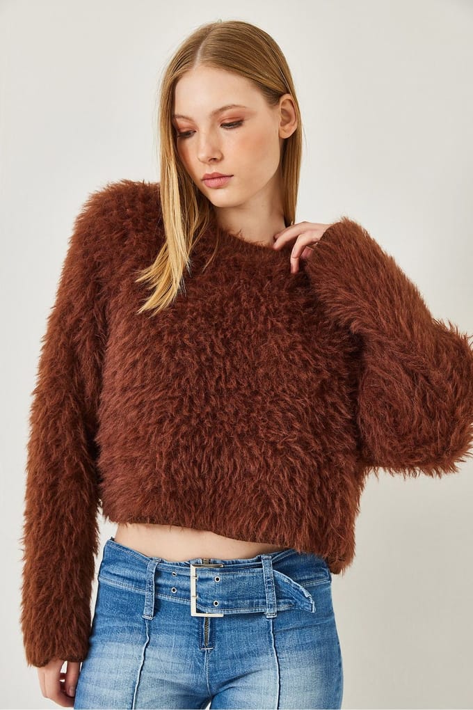 Gestructureerde Crewneck Crop Trui met Pluche Detail