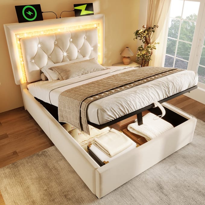 MODFU Bedframe 90x200 cm – Beige fluweel met LED & hydraulisch – Incl. matras