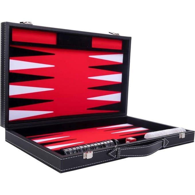 Backgammon 18 inch - Rood, Zwart & Wit Ingelegd Bord - Luxe Kunstlederen Koffer met Handvat - Engelhart