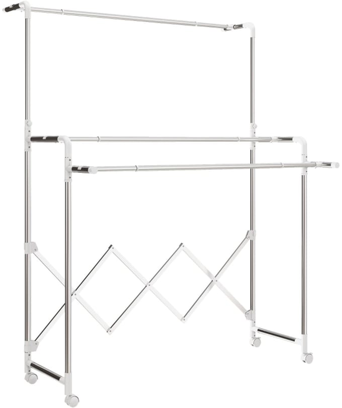Opvouwbaar Wasrek - 3 Verstelbare Stangen + RVS + Rollen - Binnen & Buiten - Staal - Zilver