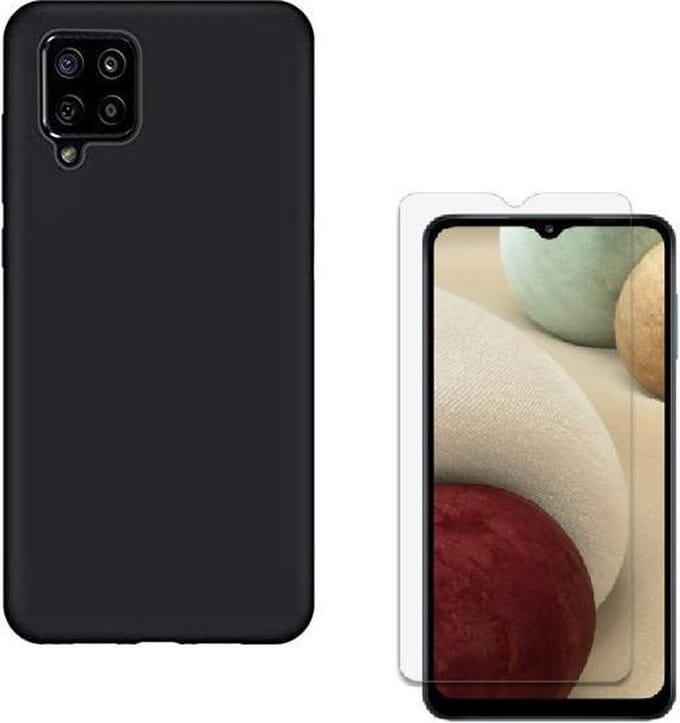 Solid hoesje Geschikt voor: Samsung Galaxy A12 Soft Touch Liquid Silicone Flexible TPU Rubber - Zwart  + 1X Screenprotector Tempered Glass