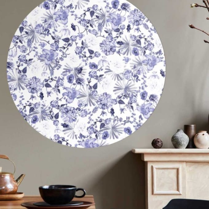 Behangcirkel 100cm Studio Wallz - Bloemen patroon Delfts blauw