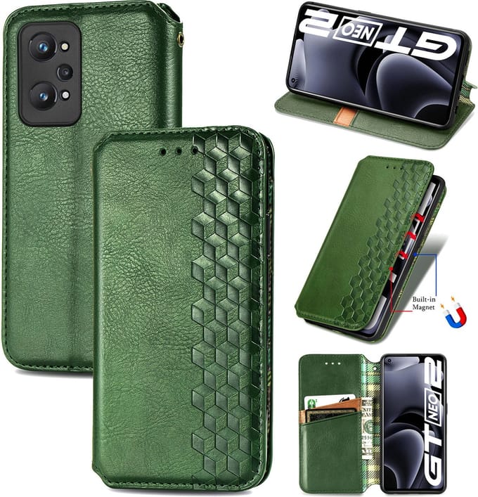 Luxe PU Lederen Ruitpatroon Wallet Case + 21D Glas Screenprotector voor OPPO Realme GT Neo2 _ Groen