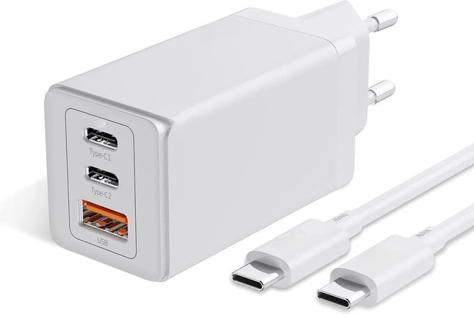 65w GaN 3 Poorten usb C Power Adapter met Rubberen usb C naar usb C Kabel 2 Meter Lang - Super Fast Charger 3.0 - 30% Kleiner